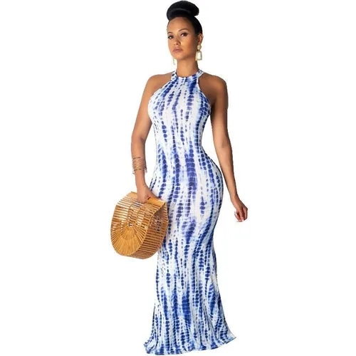 Sexy Tie Dye Striped Print Sleeveless Mermaid Dress 