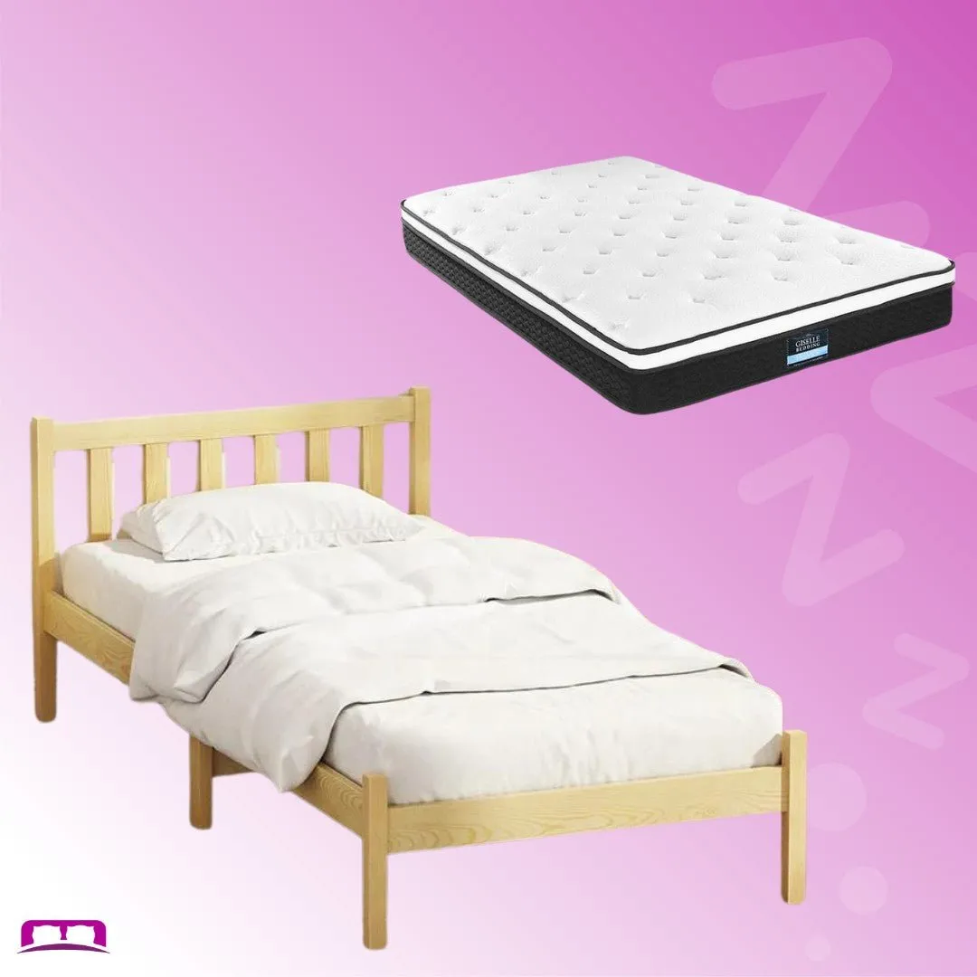 Single Package | Bribie Wooden Single Bed Frame & Bonita Pillow Top Mattress (Medium Firm)