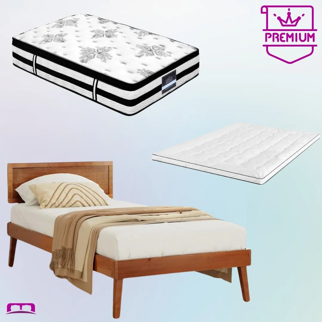 Single Premium Package | Splay Wooden Bed Frame Walnut, Algarve Euro Top Pocket Spring Mattress (Medium Firm) & Pillowtop Mattress Topper