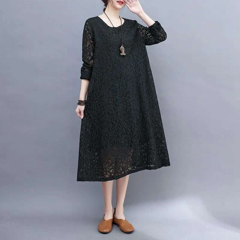 Slimming Lace Round Neck Solid Color Quality Plus Dress