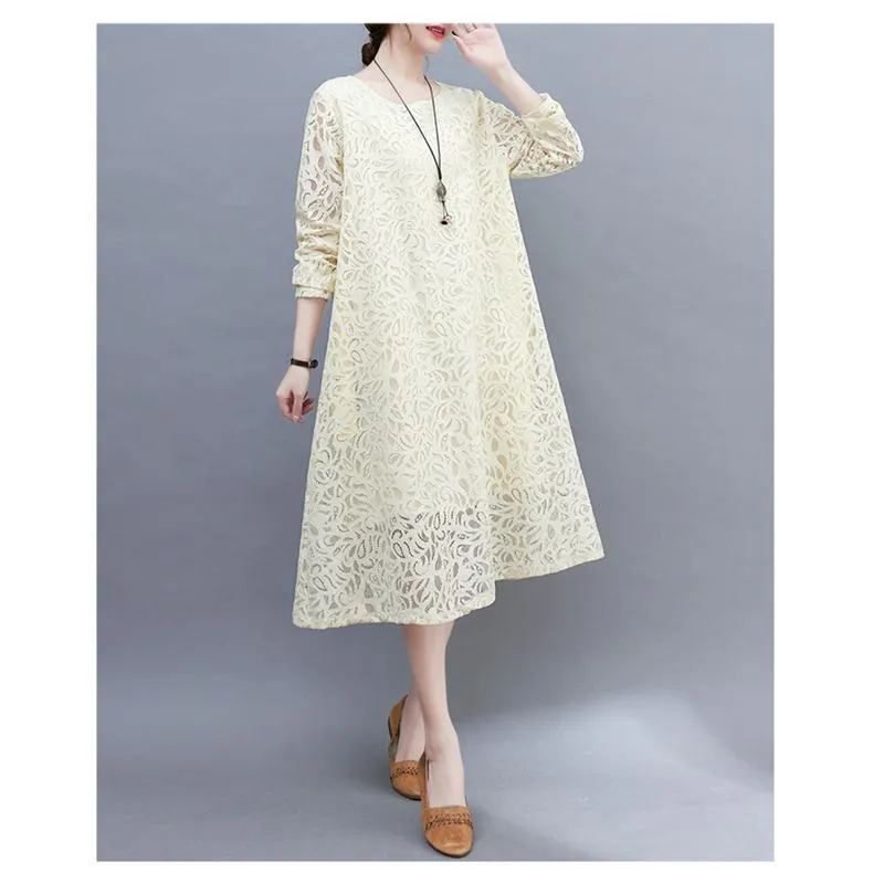 Slimming Lace Round Neck Solid Color Quality Plus Dress