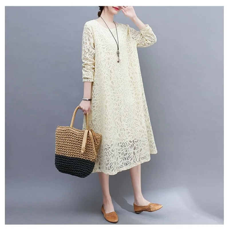 Slimming Lace Round Neck Solid Color Quality Plus Dress