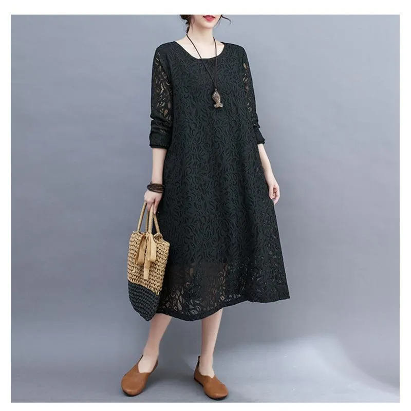 Slimming Lace Round Neck Solid Color Quality Plus Dress