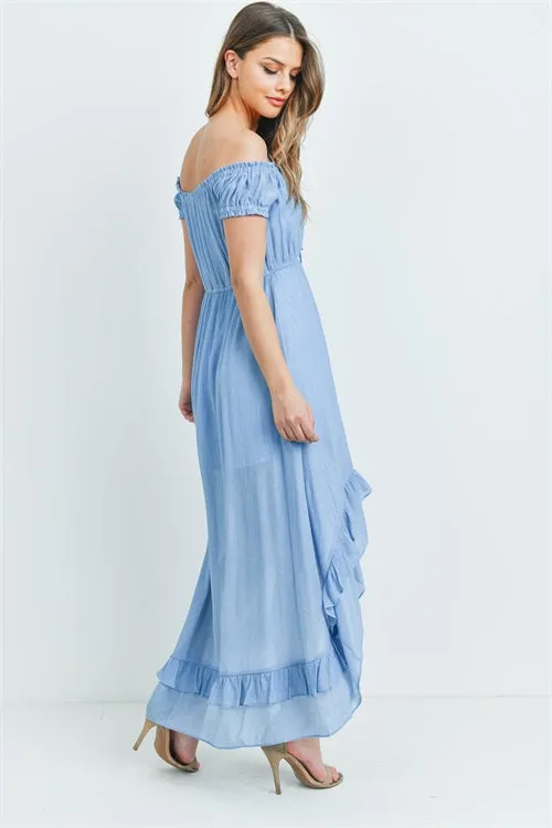 Soft Blue Cold Shoulder High Low Maxi Dress