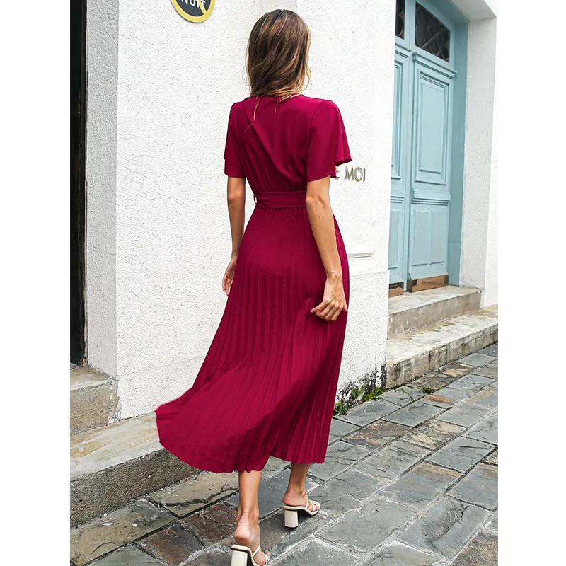 Spring Summer Women Leisure Ruffle Lace-up Large Pleated Chiffon Dress