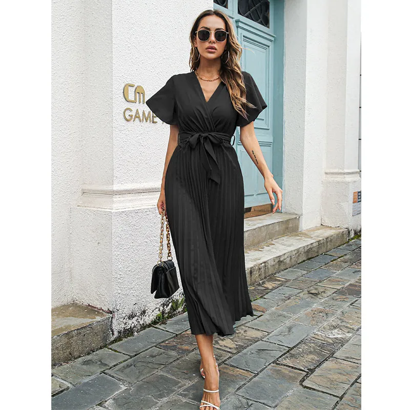 Spring Summer Women Leisure Ruffle Lace-up Large Pleated Chiffon Dress