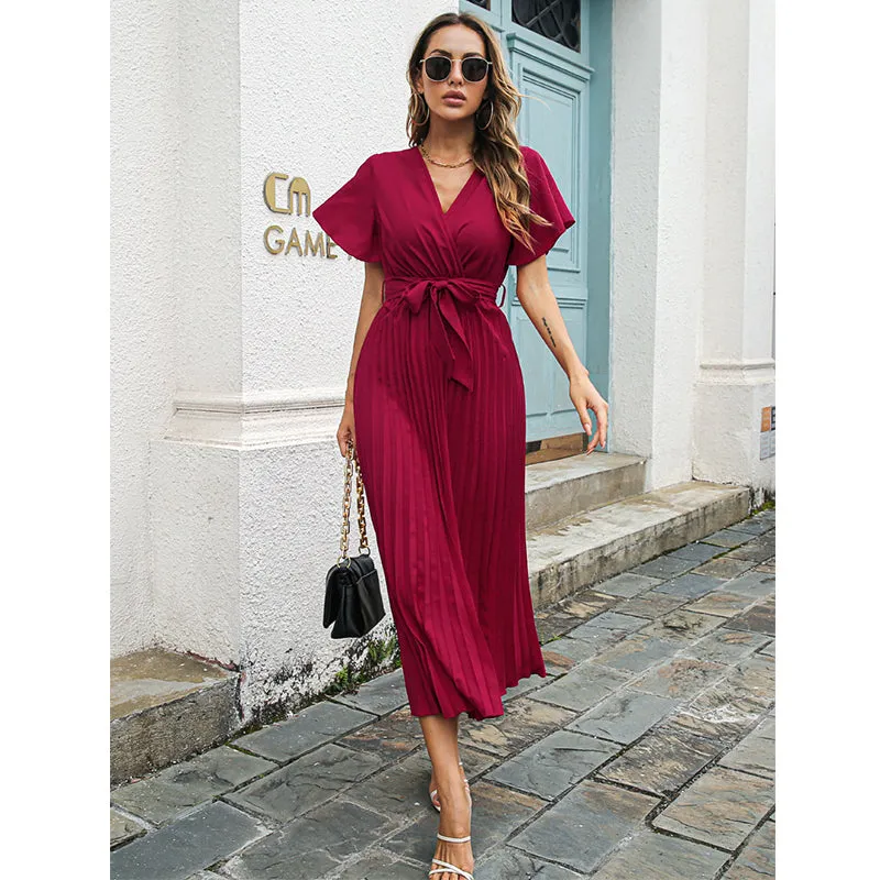 Spring Summer Women Leisure Ruffle Lace-up Large Pleated Chiffon Dress