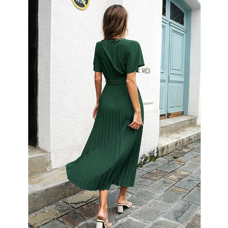 Spring Summer Women Leisure Ruffle Lace-up Large Pleated Chiffon Dress