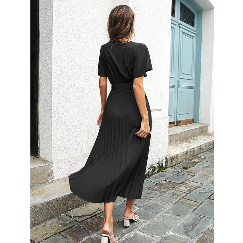 Spring Summer Women Leisure Ruffle Lace-up Large Pleated Chiffon Dress