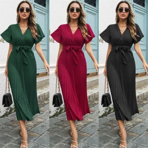 Spring Summer Women Leisure Ruffle Lace-up Large Pleated Chiffon Dress