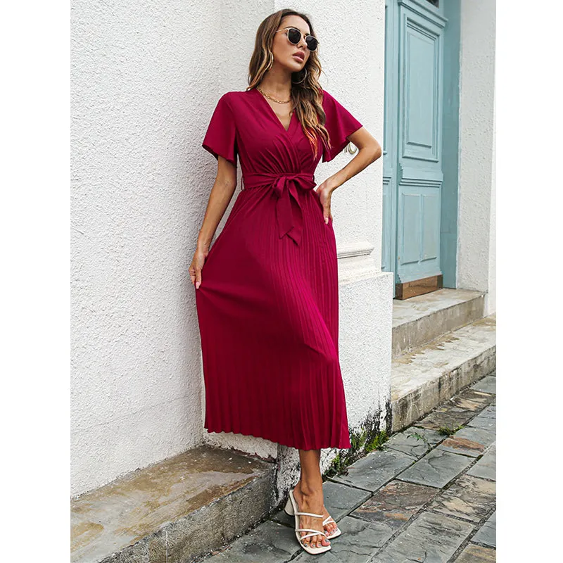 Spring Summer Women Leisure Ruffle Lace-up Large Pleated Chiffon Dress