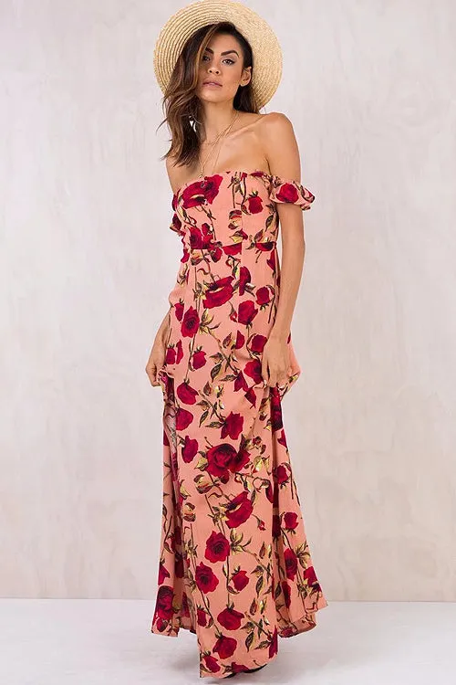 Strawberry Ruffle Shoulder Vacation Maxi Dress