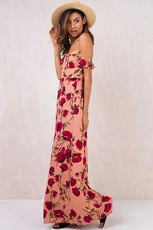 Strawberry Ruffle Shoulder Vacation Maxi Dress