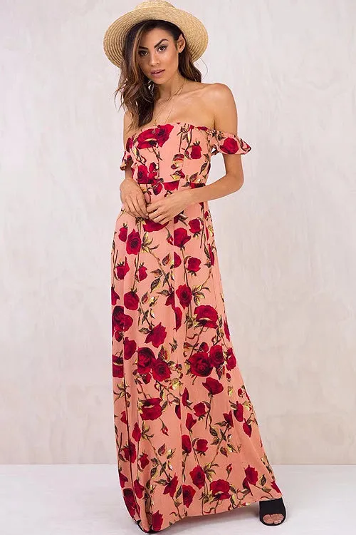 Strawberry Ruffle Shoulder Vacation Maxi Dress