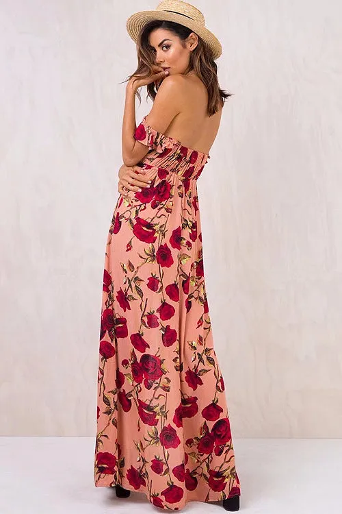 Strawberry Ruffle Shoulder Vacation Maxi Dress