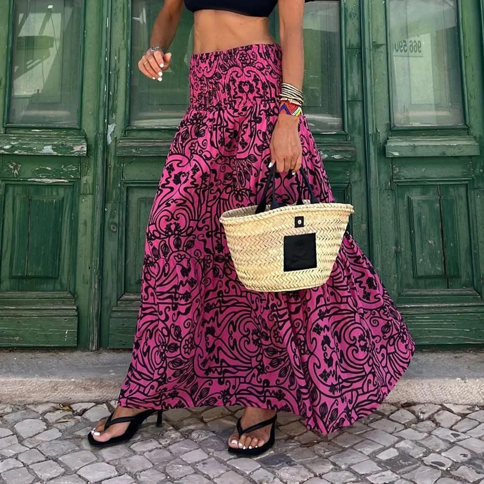 Summer Sweet Pink Bohemian Floral Print Long Ladies Elastic High Waist Maxi Casual Drawstring Women's Skirt