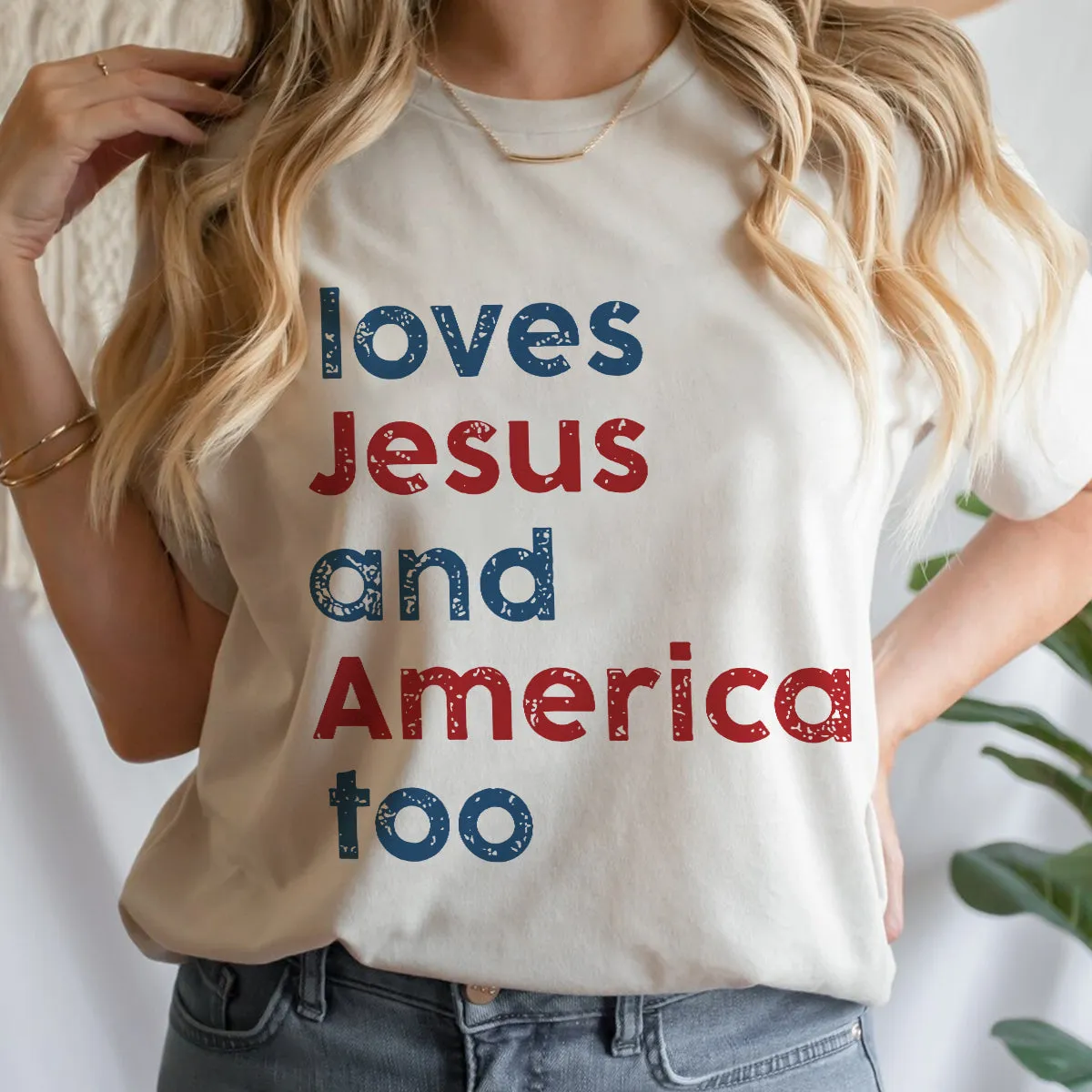 Teesdily | Loves Jesus And America Too Shirt, Patriotic Christian Sweatshirt Hoodie Pullover, Independence Day Mug, Christian 4Th Of July Gifts