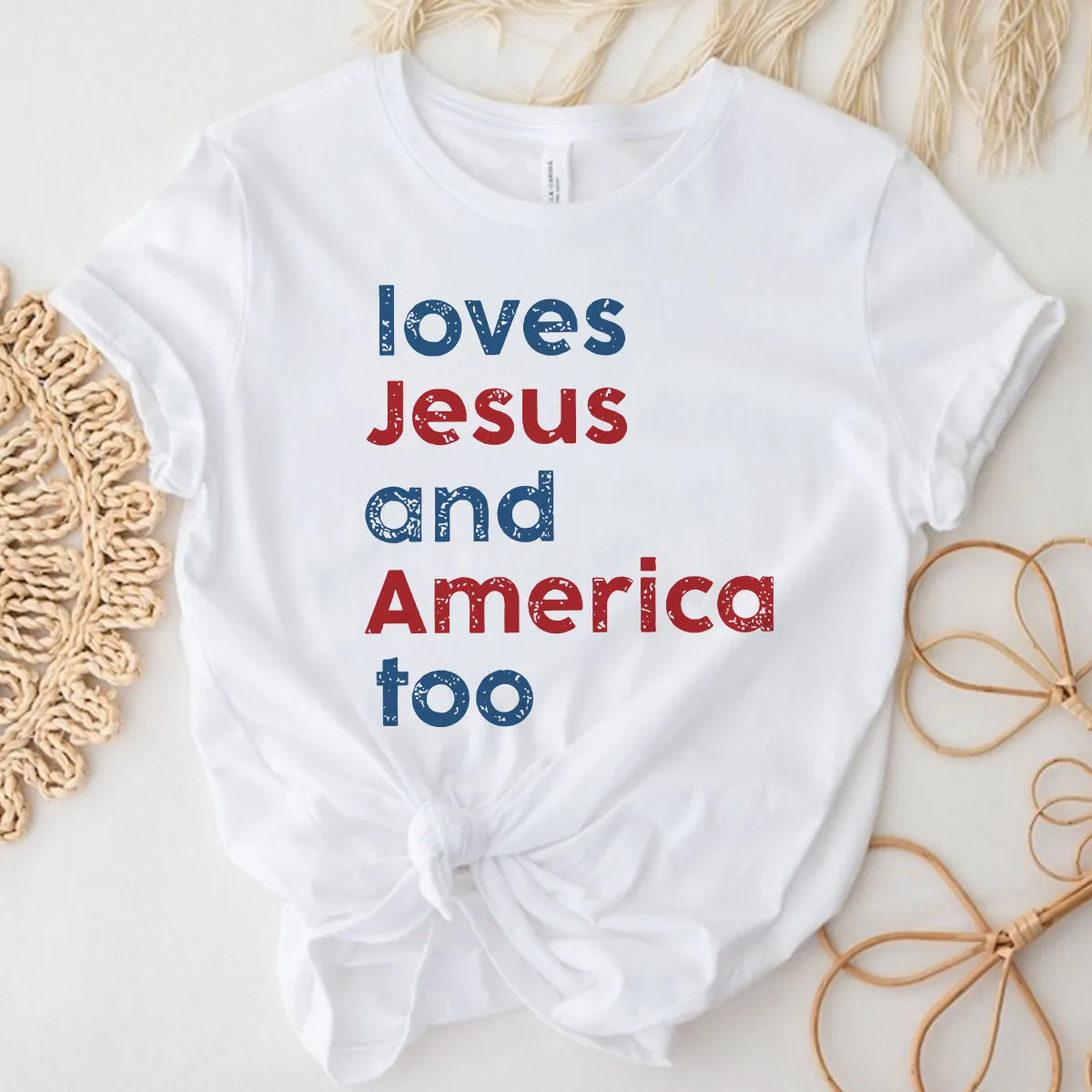 Teesdily | Loves Jesus And America Too Shirt, Patriotic Christian Sweatshirt Hoodie Pullover, Independence Day Mug, Christian 4Th Of July Gifts