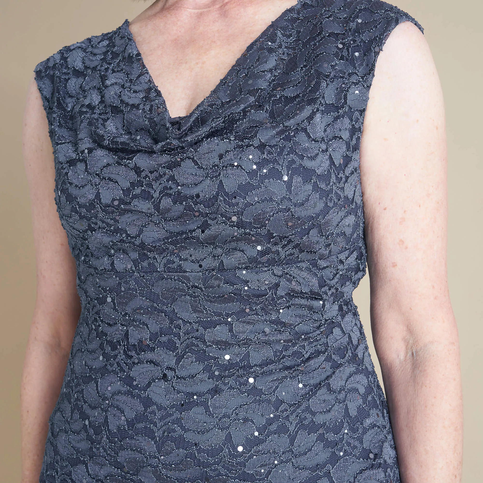 Tina Charcoal Sequin Lace Cowl Neck Dress