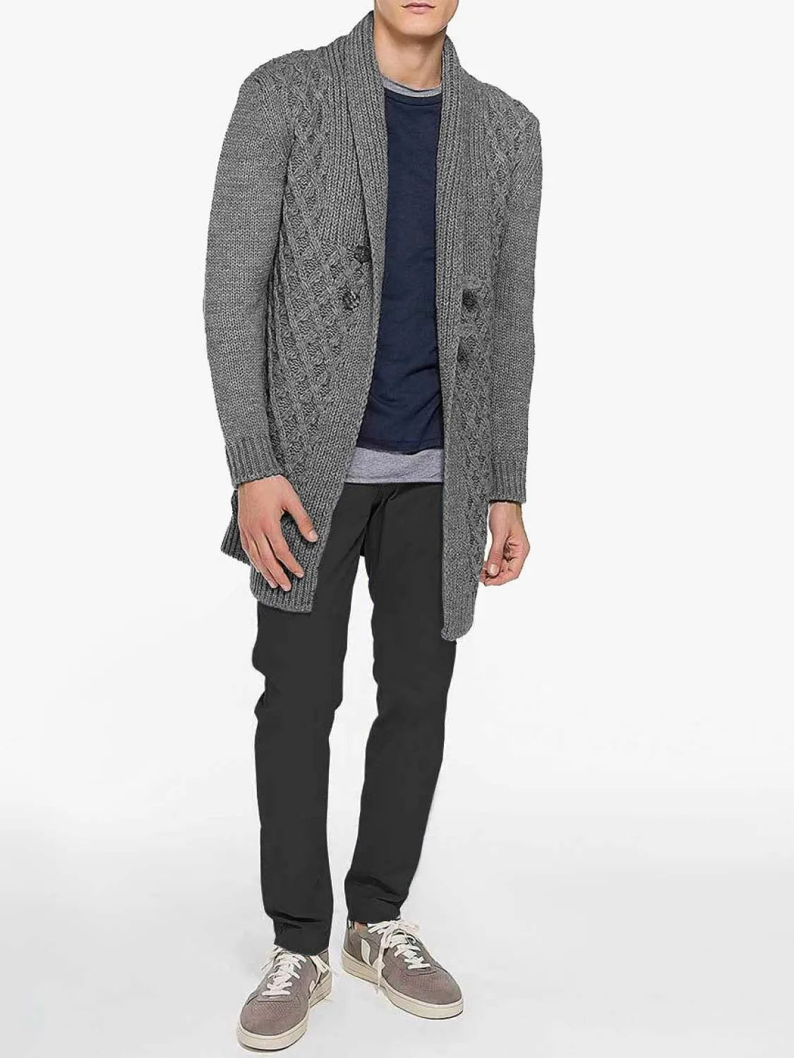 Two Button Shawl Collar Wool Blend Cardigan Grey