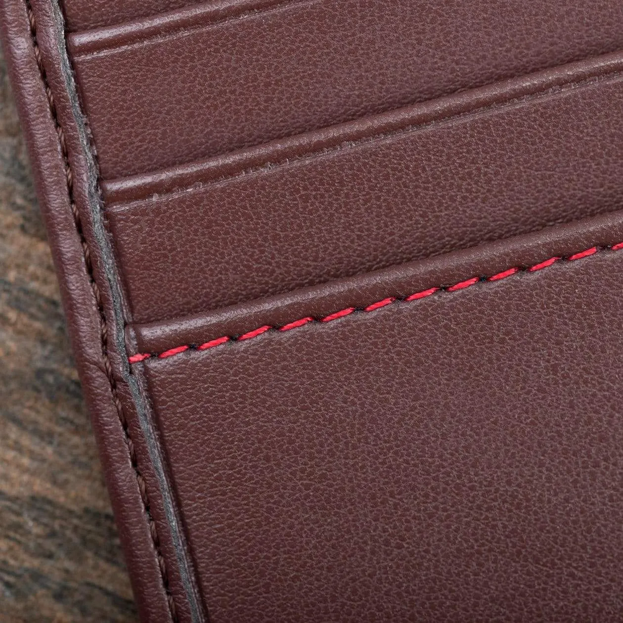 Vegan Leather RFID Protective Wallet with Coin Pocket | Chestnut Brown & Red