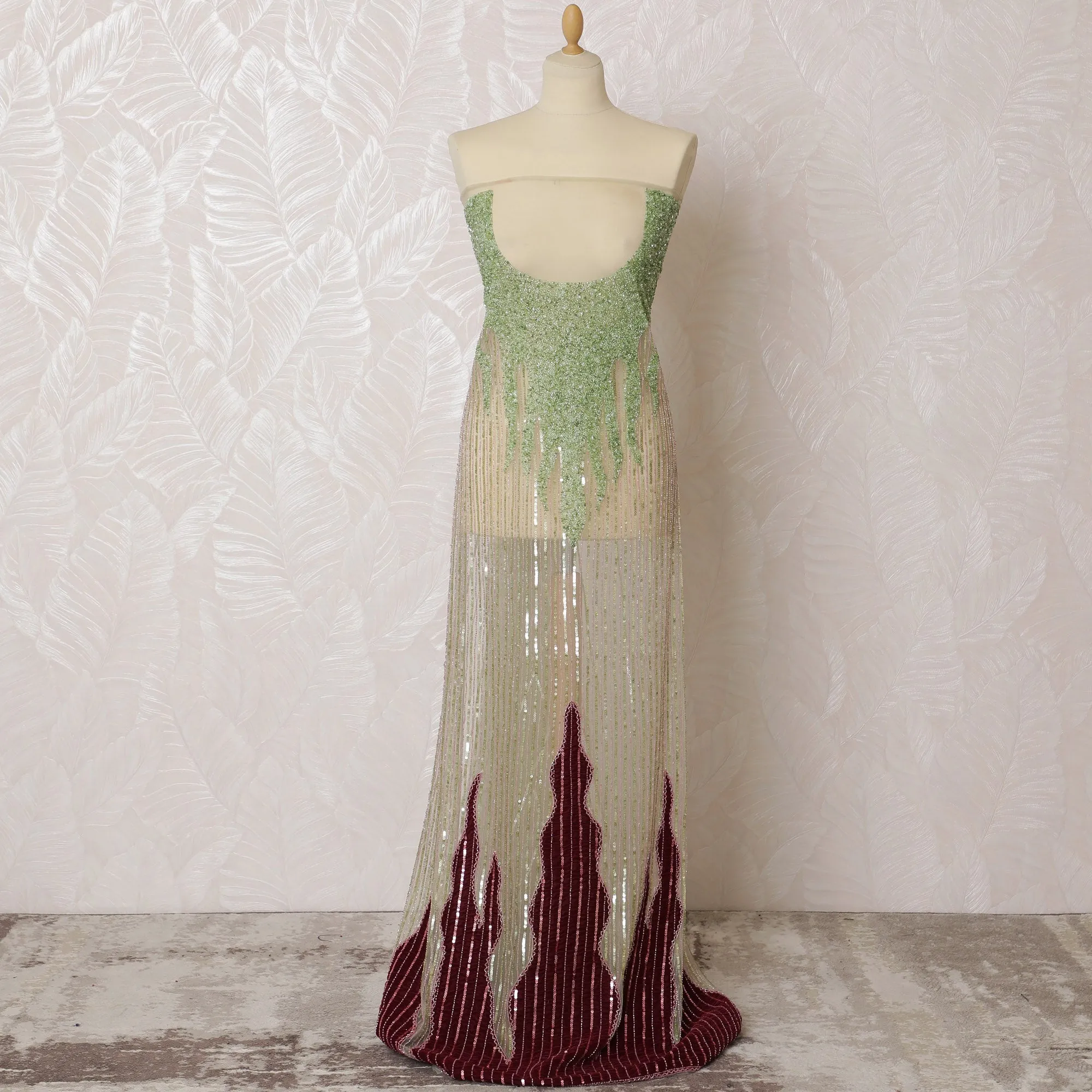 Vibrant Green and Burgundy Nylon Tulle Fabric with Beaded Accents - 140cm Wide-D19269