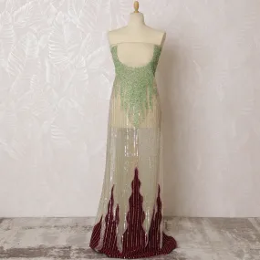 Vibrant Green and Burgundy Nylon Tulle Fabric with Beaded Accents - 140cm Wide-D19269