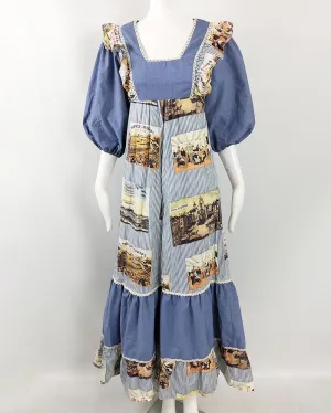 Vintage 1970s Blue Puff Sleeve Cottagecore Maxi Dress