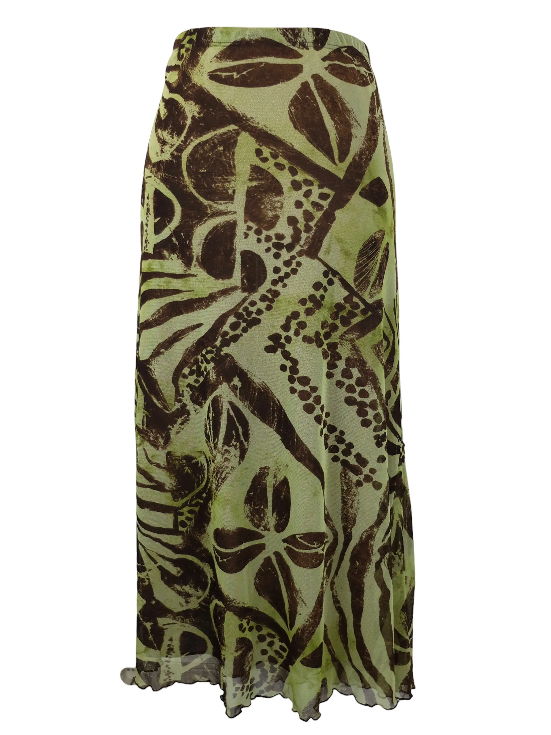 Vintage 2000s Y2K Bohemian Hippie Green & Brown Abstract Patterned Mesh Maxi Skirt with Lettuce Hem | 30 Inch Waist