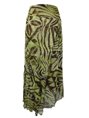 Vintage 2000s Y2K Bohemian Hippie Green & Brown Abstract Patterned Mesh Maxi Skirt with Lettuce Hem | 30 Inch Waist