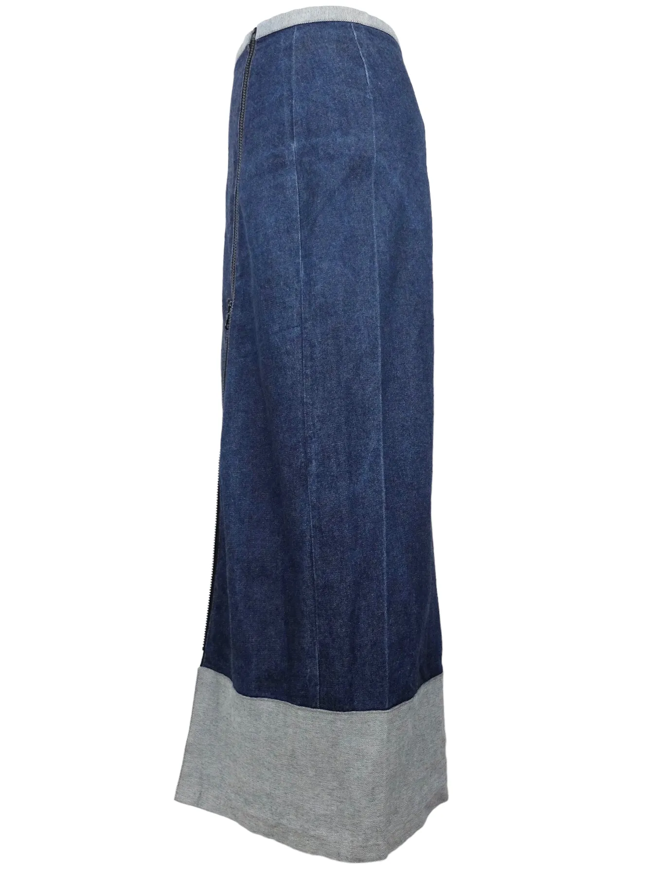 Vintage 2000s Y2K Subversive Soft Grunge Bohemian Asymmetrical Dark Wash Blue Denim Jean Floor Length Zippered Maxi Skirt | 29 Inch Waist