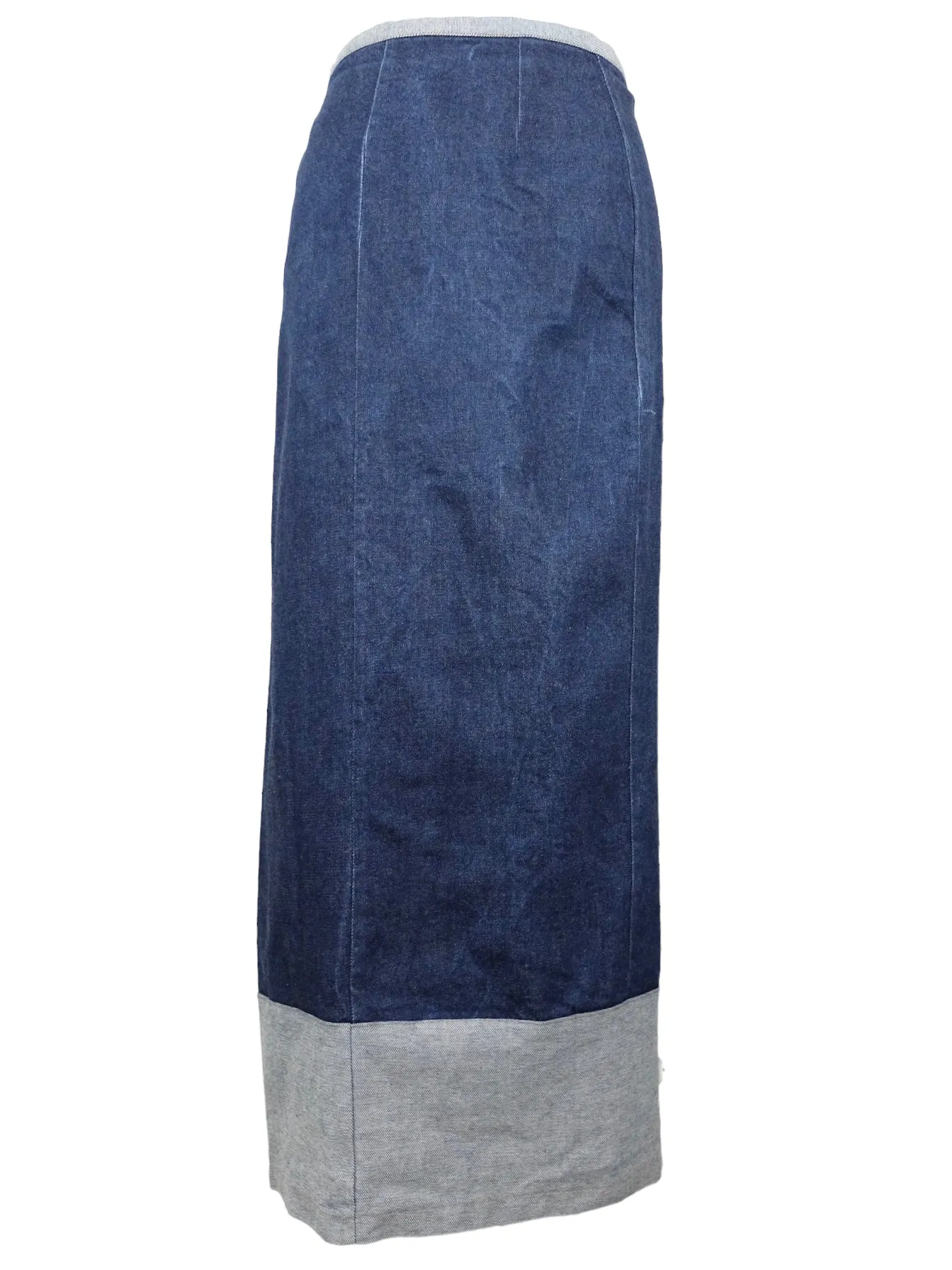 Vintage 2000s Y2K Subversive Soft Grunge Bohemian Asymmetrical Dark Wash Blue Denim Jean Floor Length Zippered Maxi Skirt | 29 Inch Waist