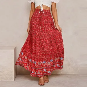 Vintage Ruffles Patchwork Bohemian Maxi Skirt Stretch High Waist Floral Print Swing Umbrella Summer Skirt