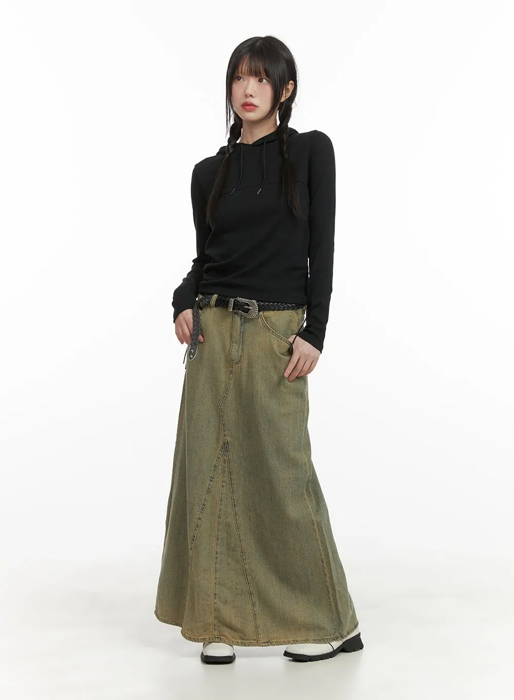 Vintage Washed Maxi Denim Skirt CY414