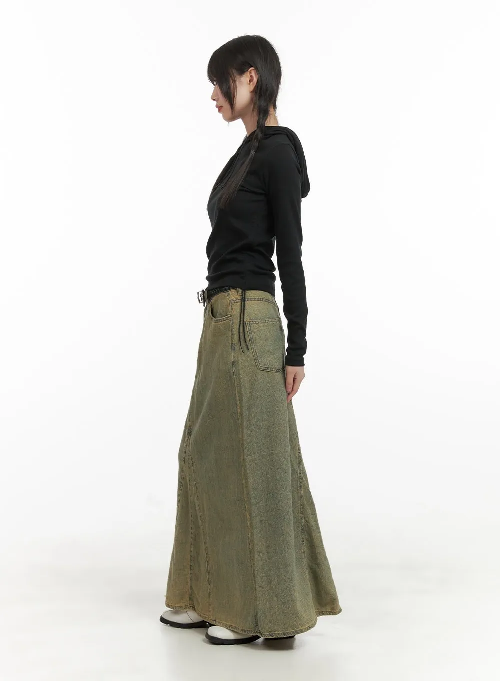 Vintage Washed Maxi Denim Skirt CY414