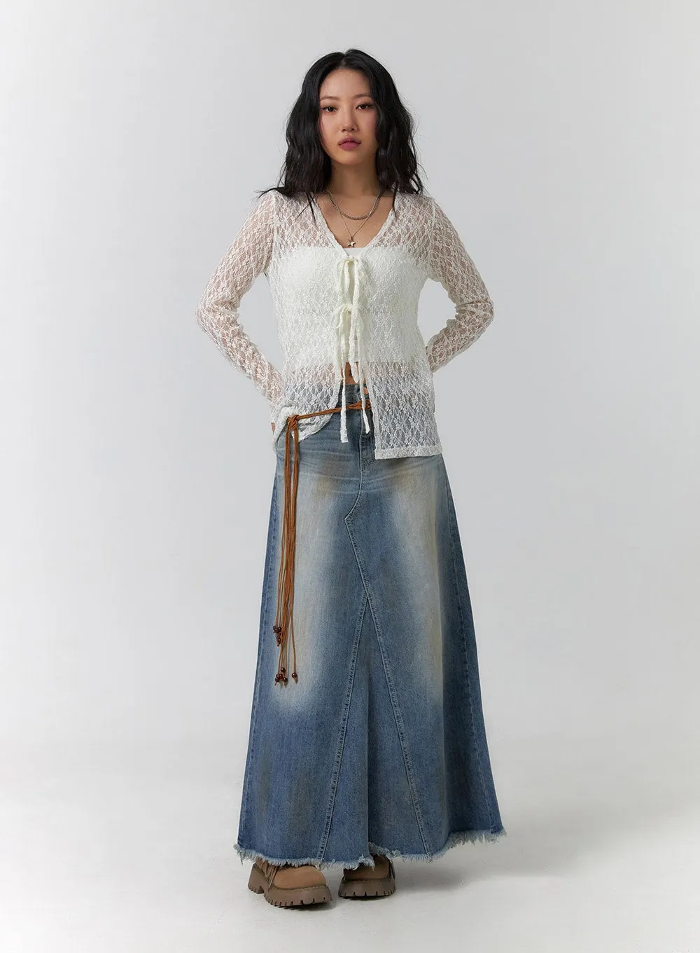 Vintage Washed Raw Hem Maxi Skirt CF405