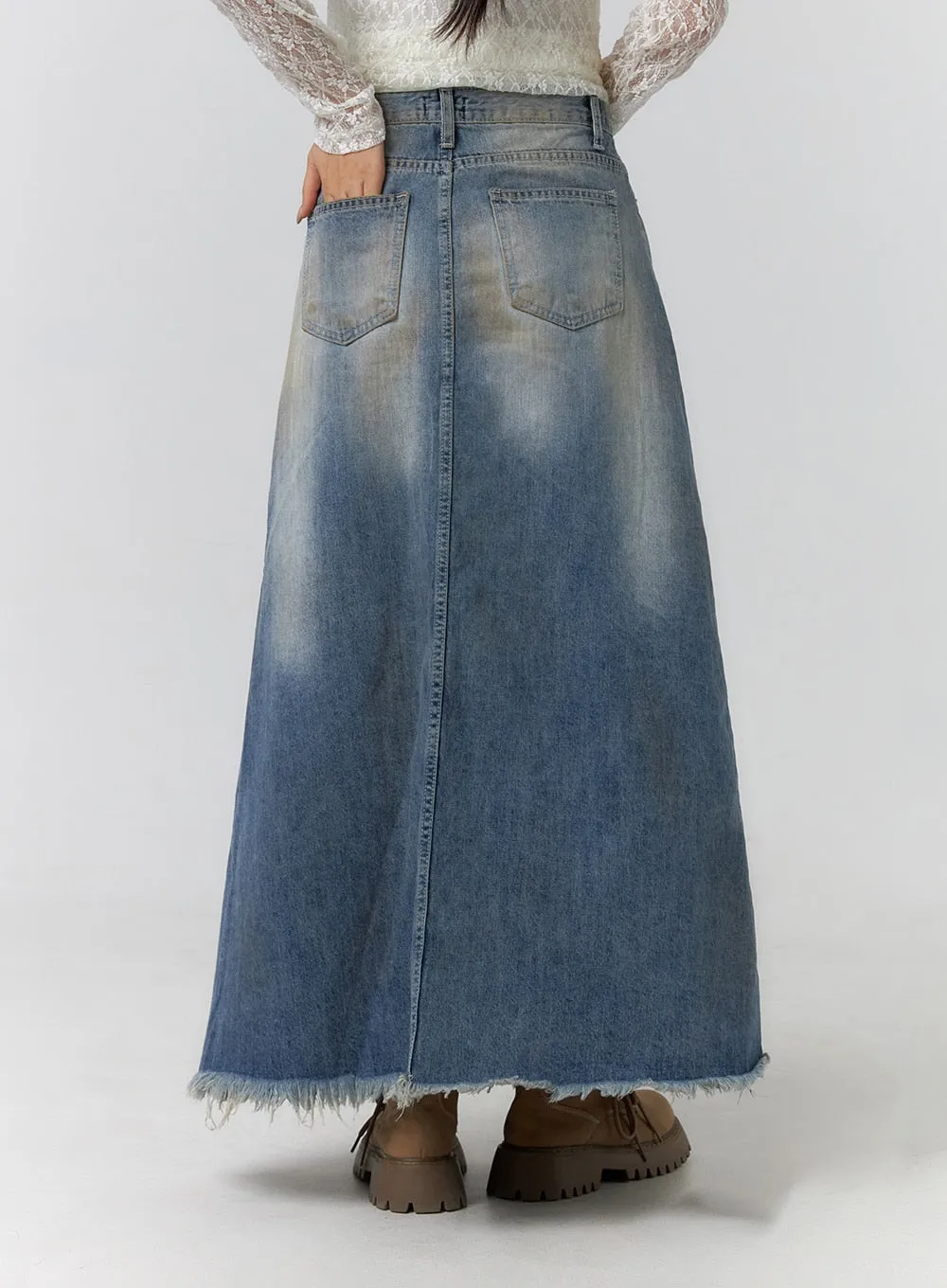 Vintage Washed Raw Hem Maxi Skirt CF405