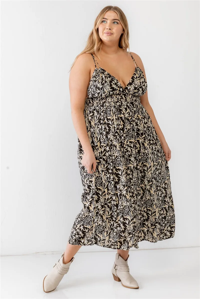 Voluptuous ( ) Plus Floral Smocked Waist Sleeveless Midi Dress - Ships from The US