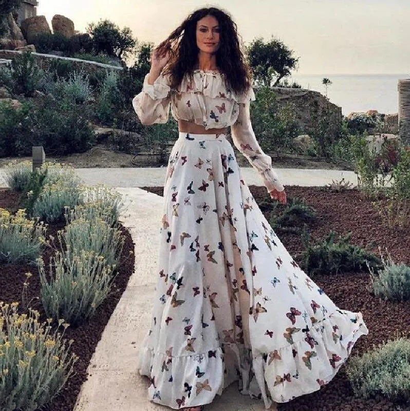 Wenkouban maxi dress Celebrity Ins Butterfly Print Two-Piece Bohemian Large Skirt Long Skirt Beach Dress