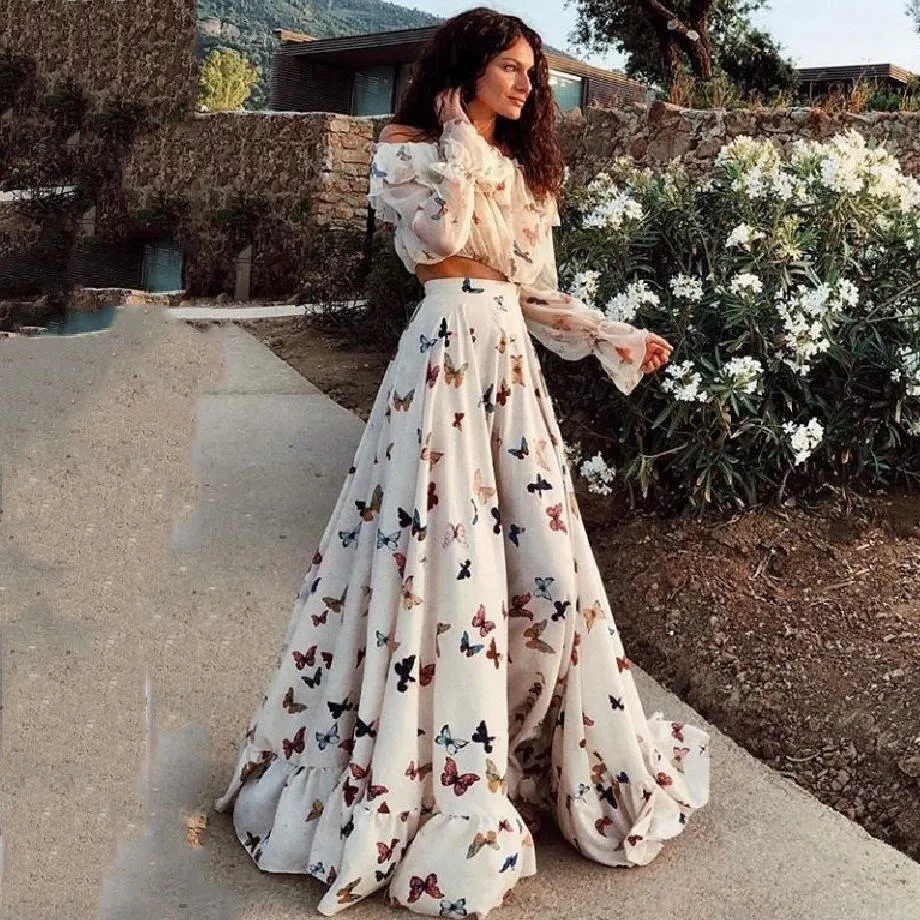 Wenkouban maxi dress Celebrity Ins Butterfly Print Two-Piece Bohemian Large Skirt Long Skirt Beach Dress