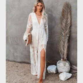 White Boho Lace Maxi Dress