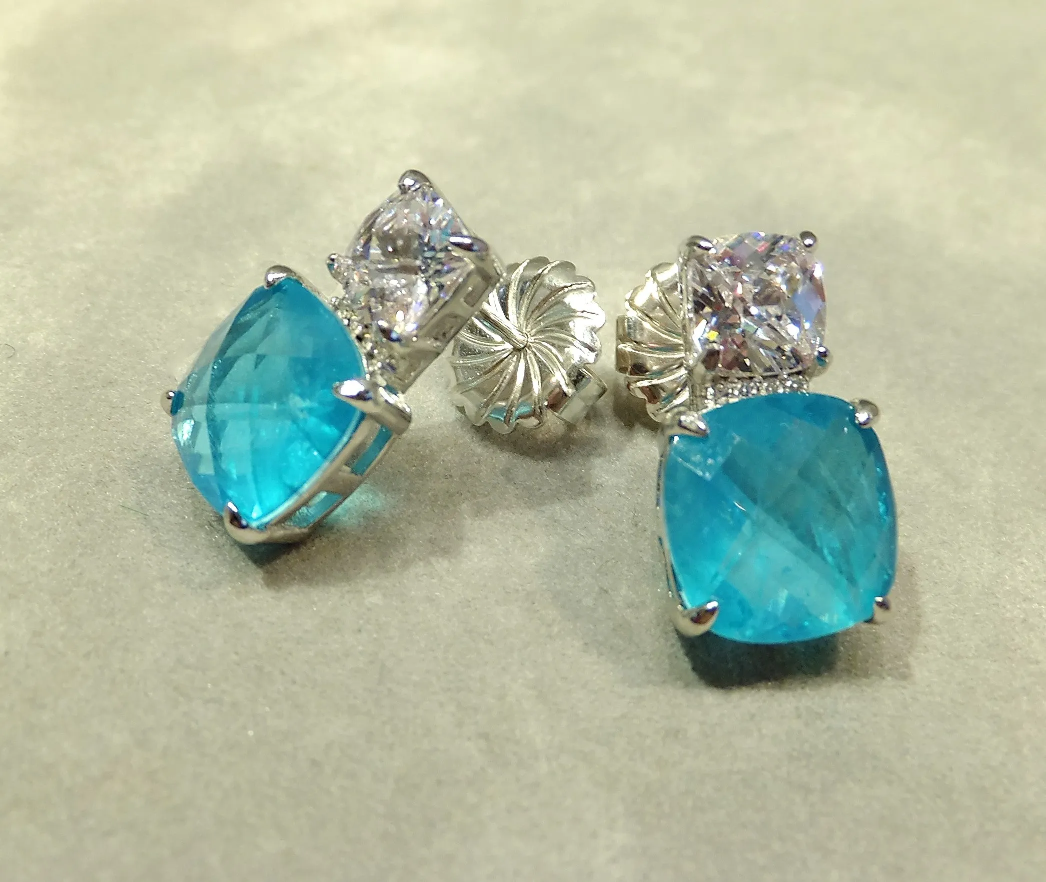 White Zircon and Neon Blue Paraiba Tourmaline Gemstone Earrings