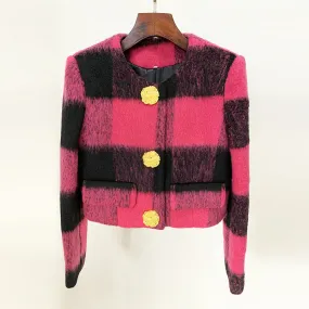 Women Round Neck Short Gold Buttons Woolen Jacket Pink Plaid Coat