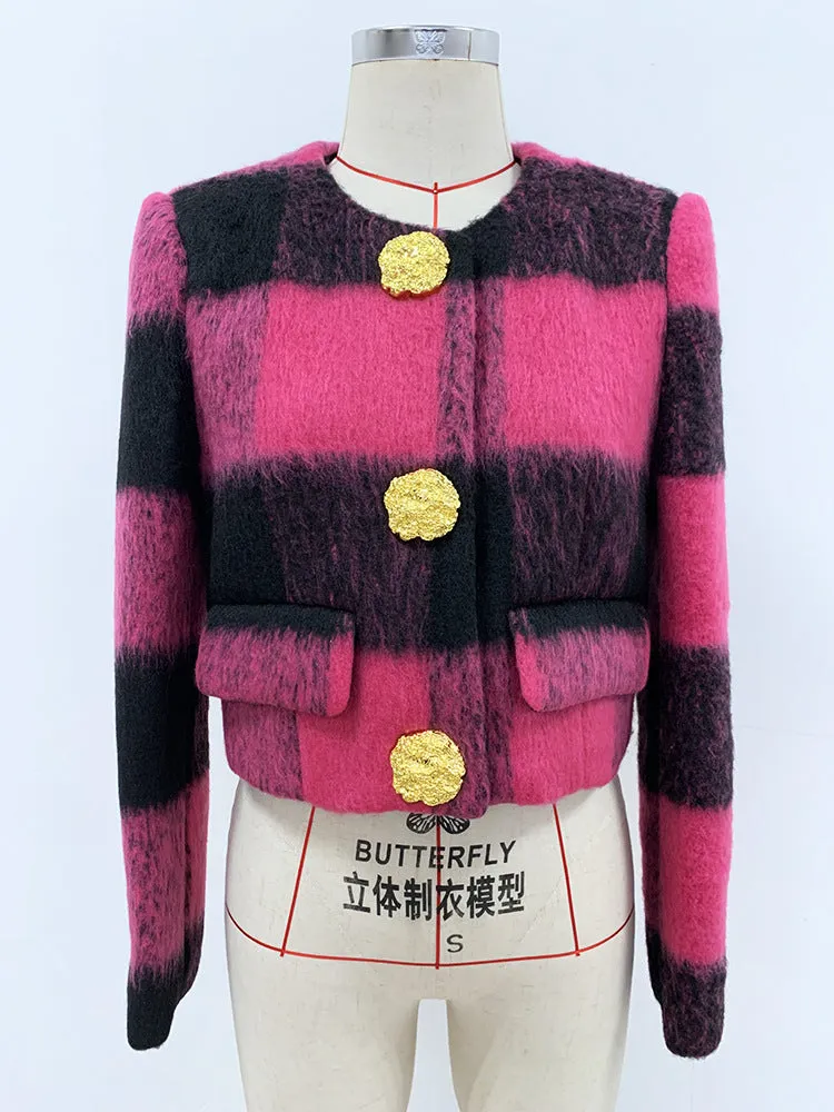 Women Round Neck Short Gold Buttons Woolen Jacket Pink Plaid Coat