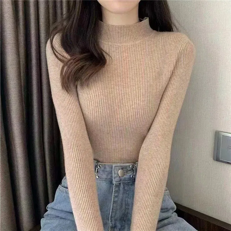 Women Winter Fashion Pullover Simple Half Turtleneck Sweaters Warm Basic Top Casual Elastic Jumpers Knit Slim Basic Sweater