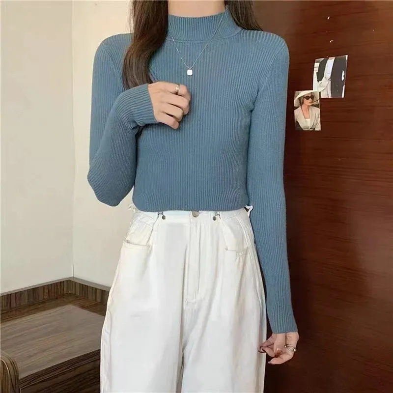 Women Winter Fashion Pullover Simple Half Turtleneck Sweaters Warm Basic Top Casual Elastic Jumpers Knit Slim Basic Sweater