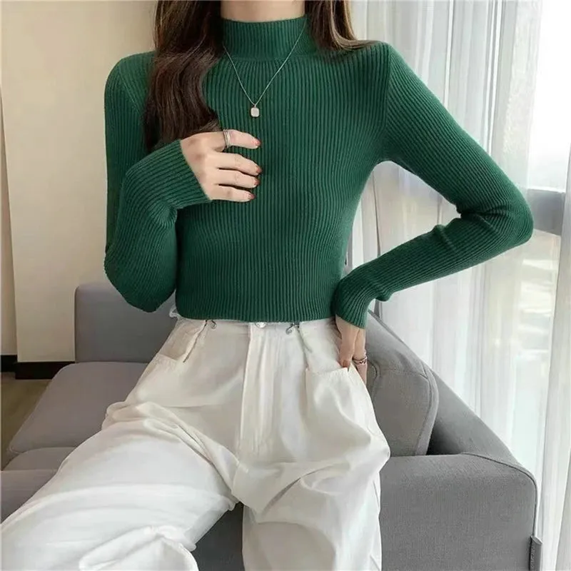 Women Winter Fashion Pullover Simple Half Turtleneck Sweaters Warm Basic Top Casual Elastic Jumpers Knit Slim Basic Sweater