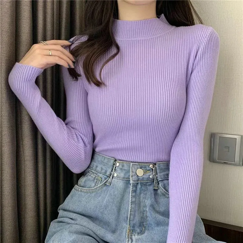 Women Winter Fashion Pullover Simple Half Turtleneck Sweaters Warm Basic Top Casual Elastic Jumpers Knit Slim Basic Sweater