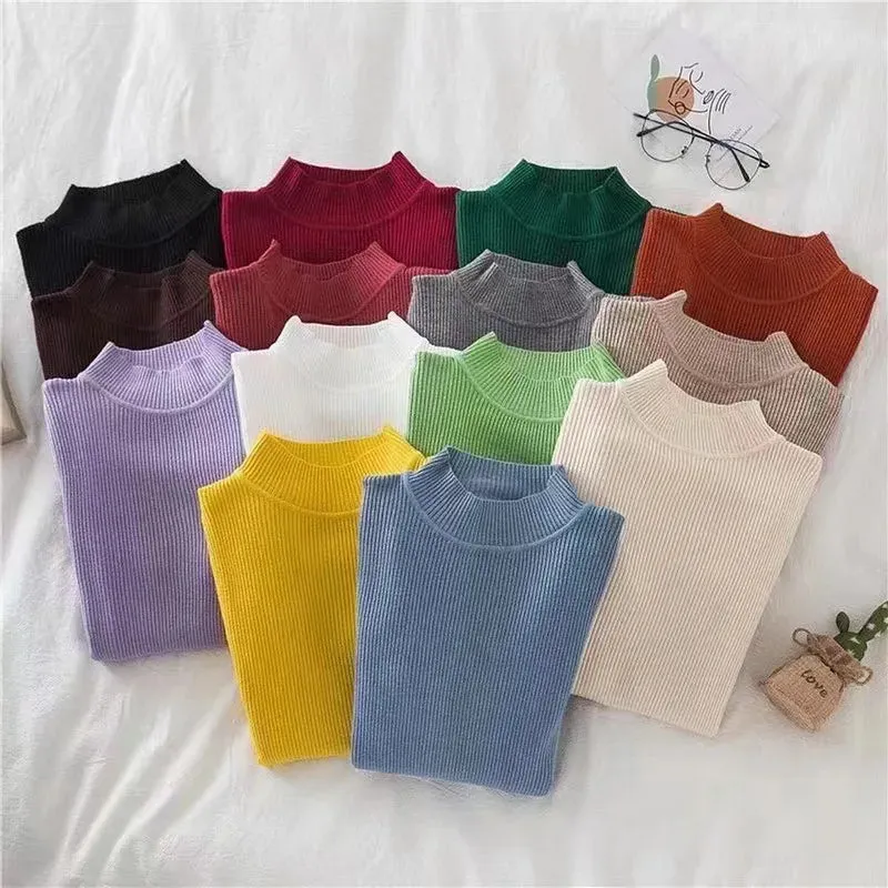 Women Winter Fashion Pullover Simple Half Turtleneck Sweaters Warm Basic Top Casual Elastic Jumpers Knit Slim Basic Sweater