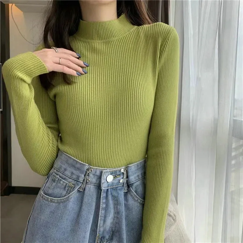 Women Winter Fashion Pullover Simple Half Turtleneck Sweaters Warm Basic Top Casual Elastic Jumpers Knit Slim Basic Sweater